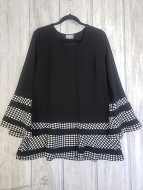 Masseys Black & White Houndstooth Trapeze Tunic Dress Flared Sleeve Size XL C8